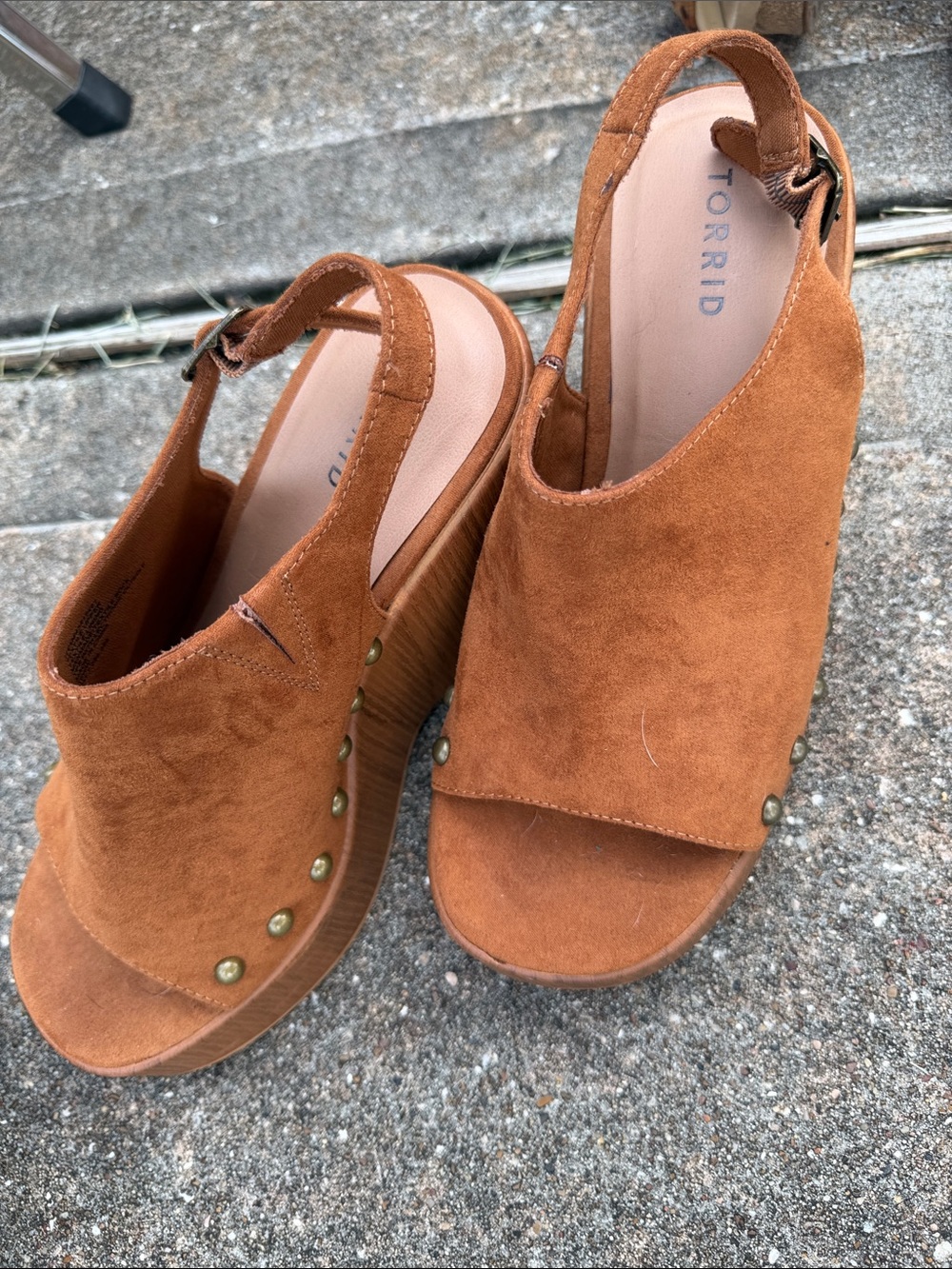 torrid Cognac Suede Studded Platform Slingback Wedges